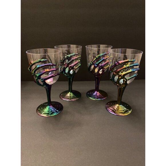 Set Of 4 Multicolored 3D Skeleton Hand Plastic Goblets with Spider Web Base - Picture 1 of 6